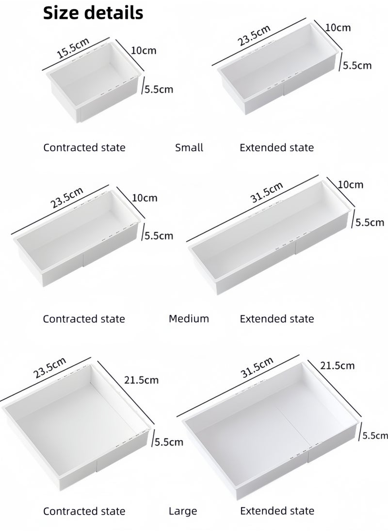5PCS-New Retractable Drawer Storage Box Cosmetics Partition Box Multifunctional Underwear Socks Storage Box large Capacity Student Stationery Classification And Organization Cosmetics Desktop Storage Box（White-Large*1- Medium*1 -Small*3）