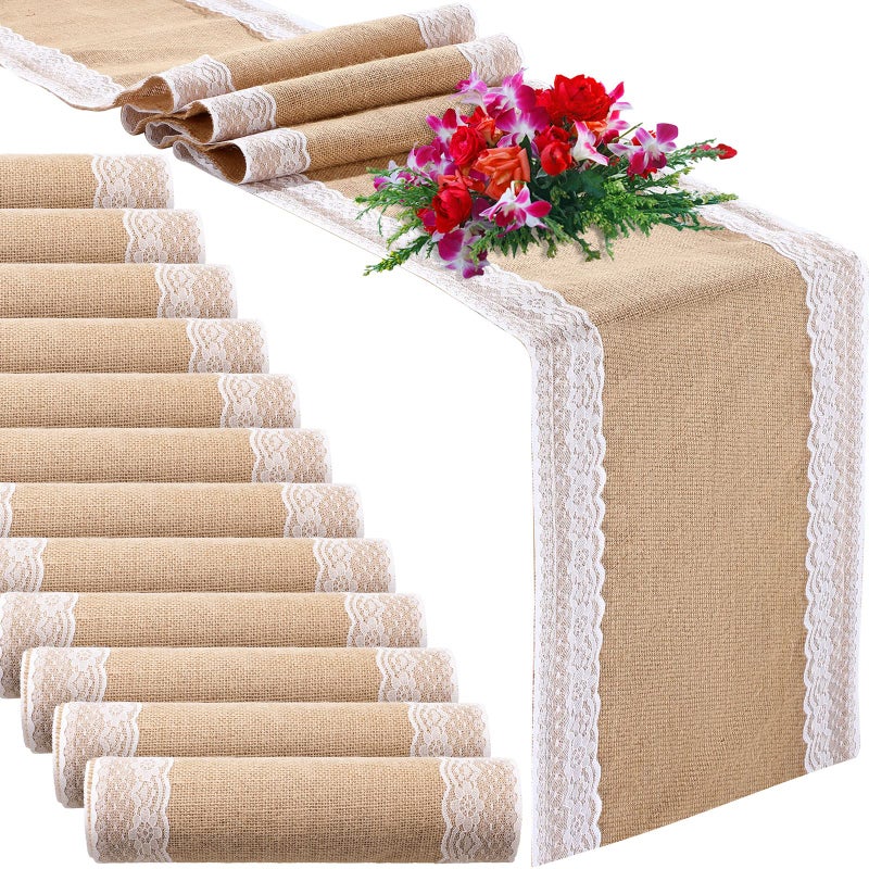 12 Pcs Burlap Table Runners 12 x 108 Inches White Lace Table Runner Rustic Country Wedding Decor Vintage Romantic Table Cloth Party Favors for Birthday Engagement Hotel Home Table Decor Fresh