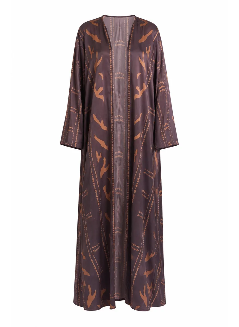 Amnad International Plum Mirage Silk Abaya with Matching Chiffon Hijab, Deep Plum & Copper Abstract Print, Sizes 52-60 inches