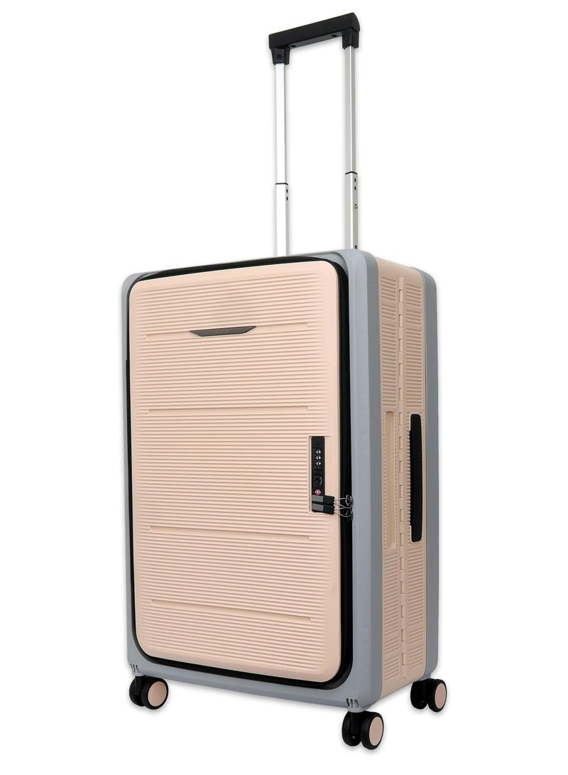 Reflection حقيبة أمتعة بعجلات قابلة للطي مقاس 24 بوصة، هيكل من بلاستيك البولي بروبيلين، تصميم محمول، مقابض ناعمة مصممة هندسيًا، مقبض قابل للتعديل بمستويين، بيج - Image 1
