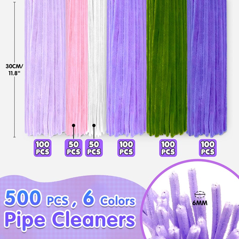 LINAYE 500 PCS Pipe Cleaners Craft, 6 Colors Pipe Cleaners Flowers Kit, Chenille Stems for Crafts with Instruction Wrapping Paper, Flower Stamens, Stems Art and Craft Supplies Purple - Image 2