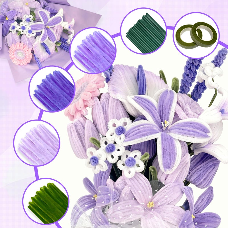 LINAYE 500 PCS Pipe Cleaners Craft, 6 Colors Pipe Cleaners Flowers Kit, Chenille Stems for Crafts with Instruction Wrapping Paper, Flower Stamens, Stems Art and Craft Supplies Purple - Image 4