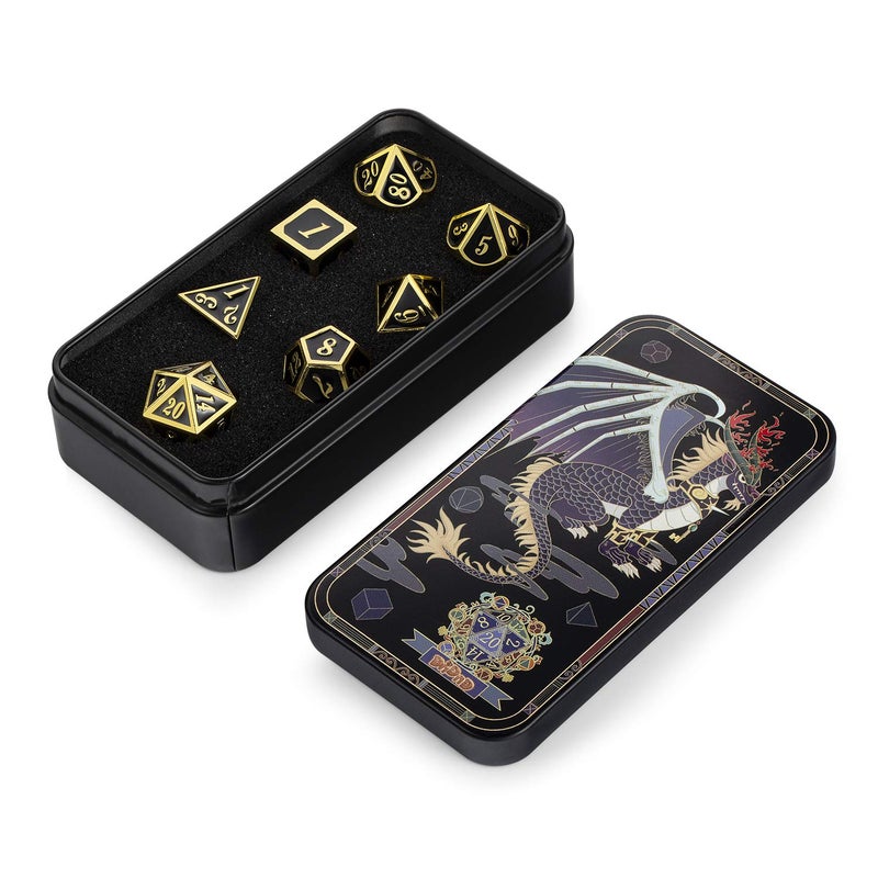 DNDND Metal Dice Set D&D, 7 die Metal Polyhedral Dice Set with Gift Metal Box and Gold Number for DND Dungeons and Dragons Role Playing Games (Black and Gold) - Image 2
