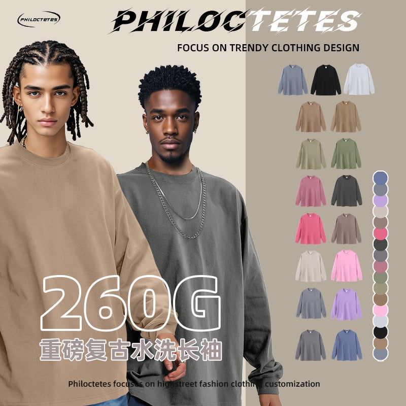2025 New Heavy Retro Washed Old 260G Long Sleeve T-Shirt Loose Joker Men'S And Women'S Base Shirt Trendy - Image 5