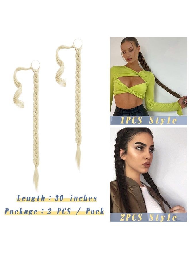 BARSDAR 2 قطع 30 بوصة طويلة من إكستنشن ذيل الحصان المجدول مع رباط شعر لتغليف الشعر إكستنشن ذيل الحصان DIY شعر صناعي ناعم وطبيعي للنساء والفتيات - أشقر زبدة - Image 3