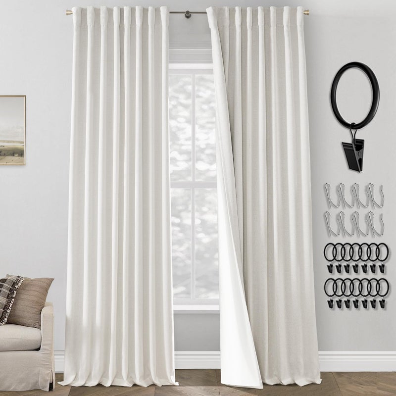 PANELSBURG Off White Linen Blackout Curtains 90 Inches Long Pleated Back Tab Room Darkening Thermal Lined Curtain Panels Set of 2 - Image 1