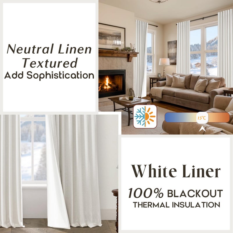 PANELSBURG Off White Linen Blackout Curtains 90 Inches Long Pleated Back Tab Room Darkening Thermal Lined Curtain Panels Set of 2 - Image 3
