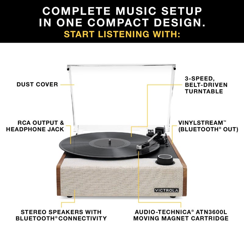 Victrola Eastwood II Record Player with Speakers â€“ Bluetooth 5.1 and Vinyl Stream Technology, Vintage Style 3-Speed Vinyl Player, Audio Technica AT-3600LA Cartridge (Espresso) - Image 2