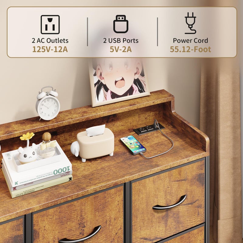 Leadpro Dresser for Bedroom with 6 Drawers, LED TV Stand Dresser with Charging Station, Chest of Fabric Drawers with Side Hooks, Dresser Storage Organizer for Closet Living Room Hallway (Rustic Brown) - Image 3