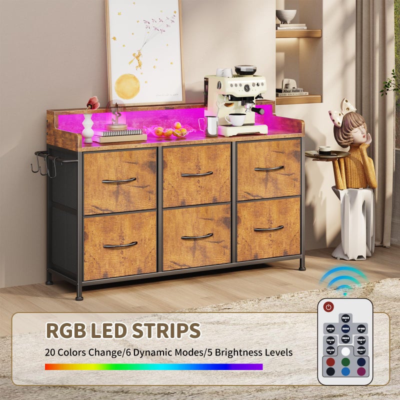 Leadpro Dresser for Bedroom with 6 Drawers, LED TV Stand Dresser with Charging Station, Chest of Fabric Drawers with Side Hooks, Dresser Storage Organizer for Closet Living Room Hallway (Rustic Brown) - Image 5