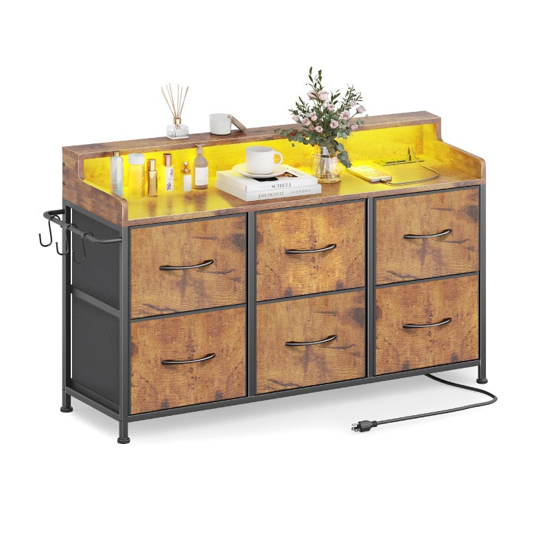 Leadpro Dresser for Bedroom with 6 Drawers, LED TV Stand Dresser with Charging Station, Chest of Fabric Drawers with Side Hooks, Dresser Storage Organizer for Closet Living Room Hallway (Rustic Brown) - Image 1