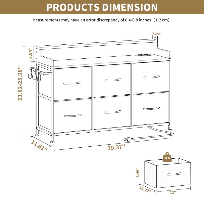 Leadpro Dresser for Bedroom with 6 Drawers, LED TV Stand Dresser with Charging Station, Chest of Fabric Drawers with Side Hooks, Dresser Storage Organizer for Closet Living Room Hallway (Rustic Brown) - Image 2