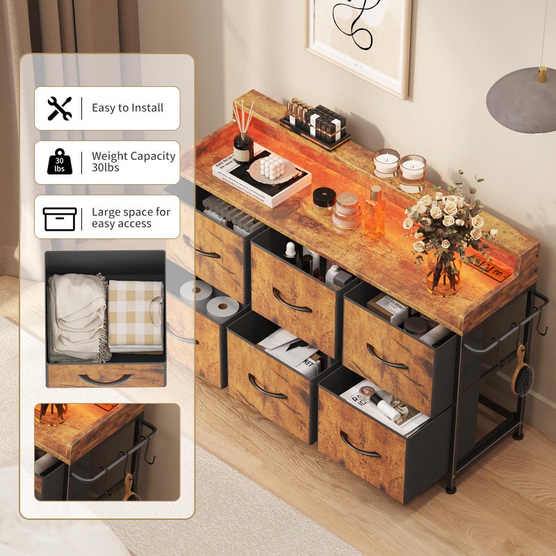 Leadpro Dresser for Bedroom with 6 Drawers, LED TV Stand Dresser with Charging Station, Chest of Fabric Drawers with Side Hooks, Dresser Storage Organizer for Closet Living Room Hallway (Rustic Brown) - Image 4