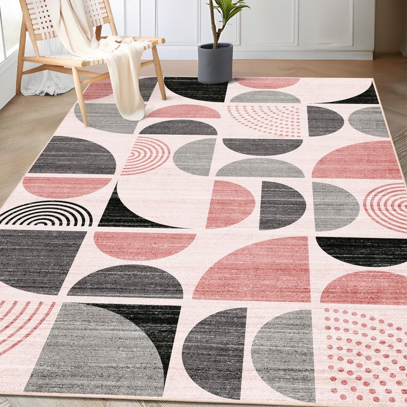 MUJOO Pink Rug Boho Washable,3x5 Area Rugs for Bedroom Entryway Living Room Bedside,Small Throw Floor Carpet Non Slip Soft Indoor Modern Abstract Pink and Grey - Image 1