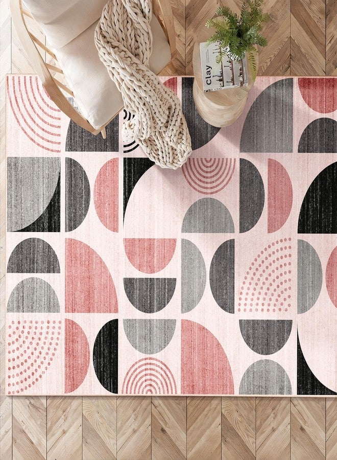 MUJOO Pink Rug Boho Washable,3x5 Area Rugs for Bedroom Entryway Living Room Bedside,Small Throw Floor Carpet Non Slip Soft Indoor Modern Abstract Pink and Grey - Image 2
