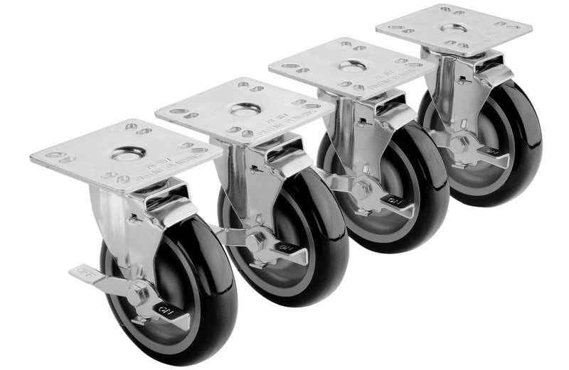 Krowne 28107S 5 Heavy Duty Swivel Casters with Locking Wheels and 6 Raise Height  220 lbs Capacity per Caster  4W x 4L Plate Attachments SilverBlack MetalPolypropylene NSF Set of 4 - Image 1