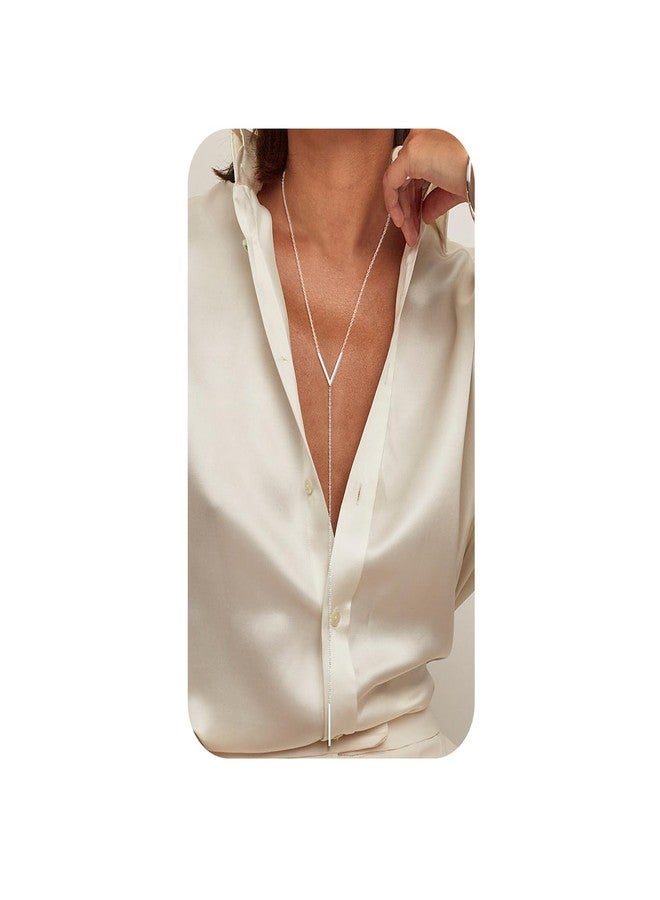 FOCALOOK Silver Bar Pendant Long Y Dangle Necklace Hypoallergenic Stainless Steel Statement Minimalist Drop Bar Long Chain Necklaces for Women - Image 1