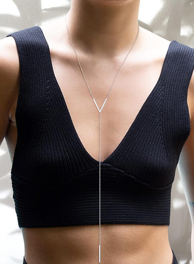 FOCALOOK Silver Bar Pendant Long Y Dangle Necklace Hypoallergenic Stainless Steel Statement Minimalist Drop Bar Long Chain Necklaces for Women - Image 3