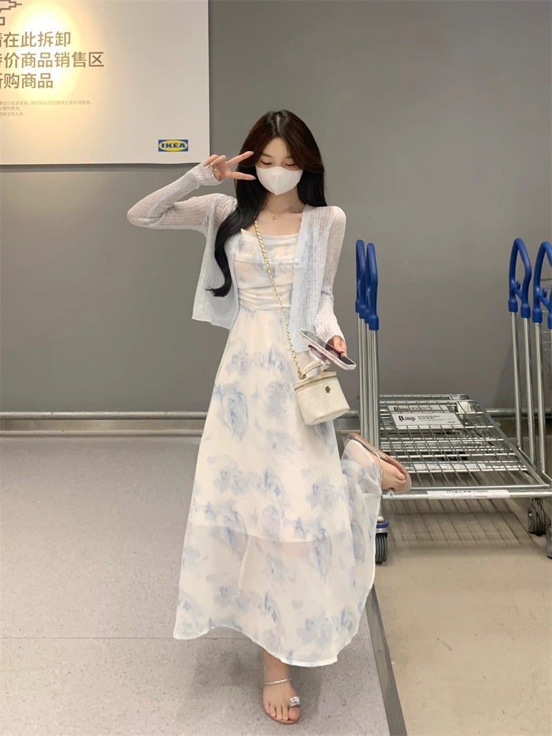 Salt-style Wear Yujie Light Mature Summer Suit Womens Chiffon Floral Sling Dress Outer Jacket Two-piece Set Cardigan skirt set * 5268