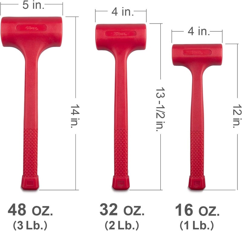 EFFICERE 3-Piece Premium Dead Blow Hammer and Unicast Mallet Set - Include 16-oz (1 lb), 32-oz (2 lb) and 48-oz (3 lb), Neon Red Color | Rebound and Spark Resistant Hammers, Non-Marring and Non-Sparking Design - Image 3