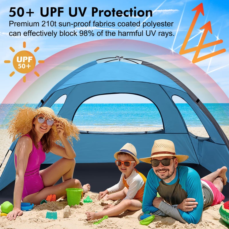 WhiteFang Beach Tent Anti-UV Portable Sun Shade Shelter for 3 Person, Extendable Floor with 3 Ventilating Mesh Windows Plus Carrying Bag, Stakes and Guy Lines (Blue) - Image 3