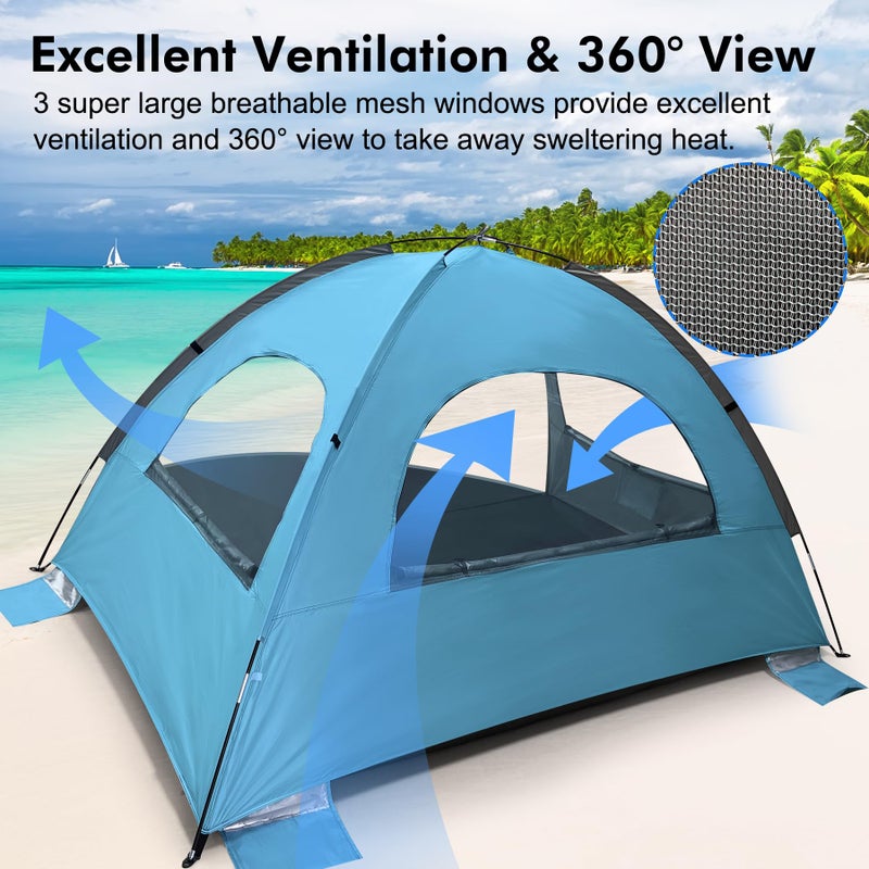 WhiteFang Beach Tent Anti-UV Portable Sun Shade Shelter for 3 Person, Extendable Floor with 3 Ventilating Mesh Windows Plus Carrying Bag, Stakes and Guy Lines (Blue) - Image 4