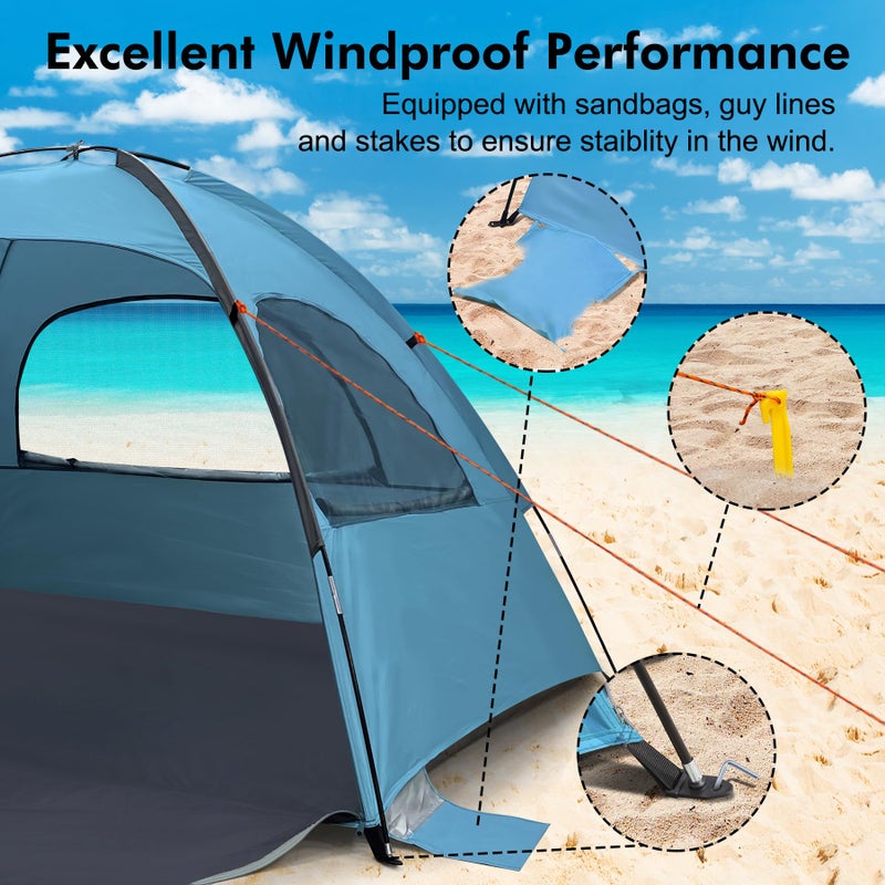 WhiteFang Beach Tent Anti-UV Portable Sun Shade Shelter for 3 Person, Extendable Floor with 3 Ventilating Mesh Windows Plus Carrying Bag, Stakes and Guy Lines (Blue) - Image 5