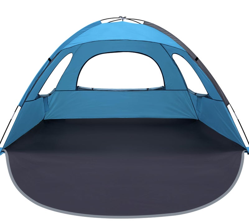 WhiteFang Beach Tent Anti-UV Portable Sun Shade Shelter for 3 Person, Extendable Floor with 3 Ventilating Mesh Windows Plus Carrying Bag, Stakes and Guy Lines (Blue) - Image 1