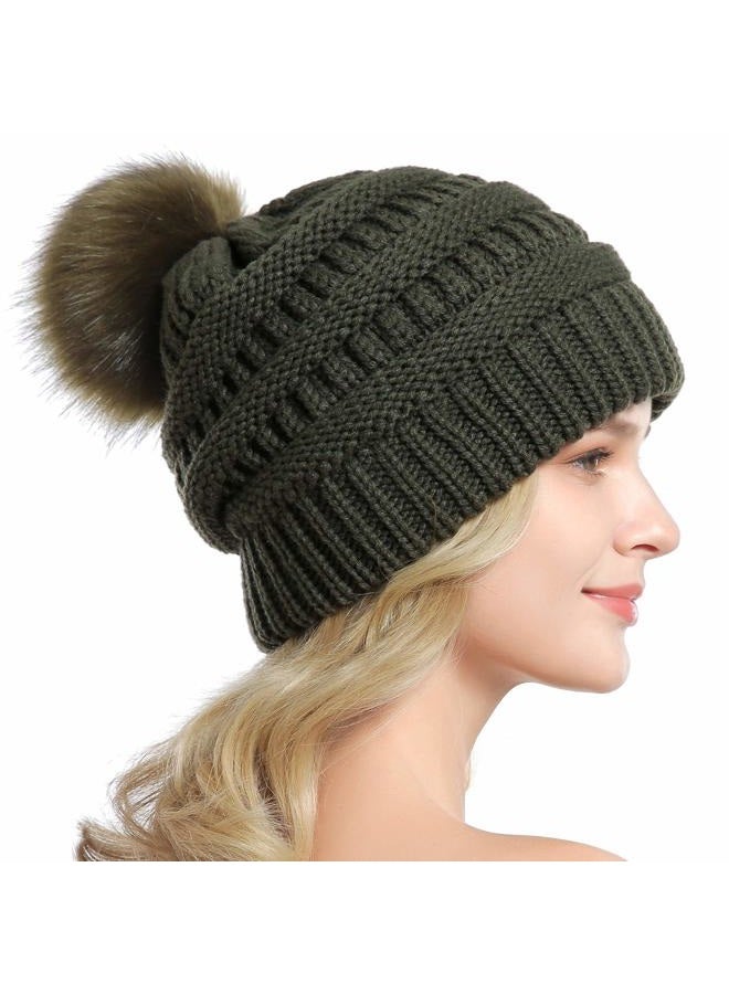 QUEENFUR Women Knit Slouchy Beanie Chunky Baggy Hat with Faux Fur Pompom Winter Soft Warm Ski Cap, B5-dark Olive, L - Image 4