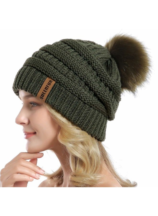 QUEENFUR Women Knit Slouchy Beanie Chunky Baggy Hat with Faux Fur Pompom Winter Soft Warm Ski Cap, B5-dark Olive, L - Image 3