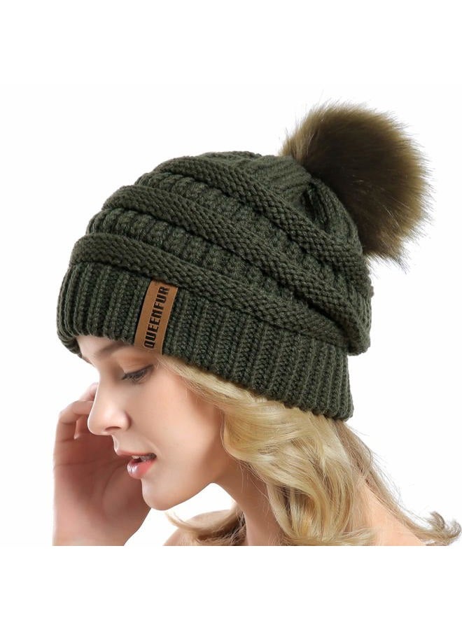 QUEENFUR Women Knit Slouchy Beanie Chunky Baggy Hat with Faux Fur Pompom Winter Soft Warm Ski Cap, B5-dark Olive, L - Image 2