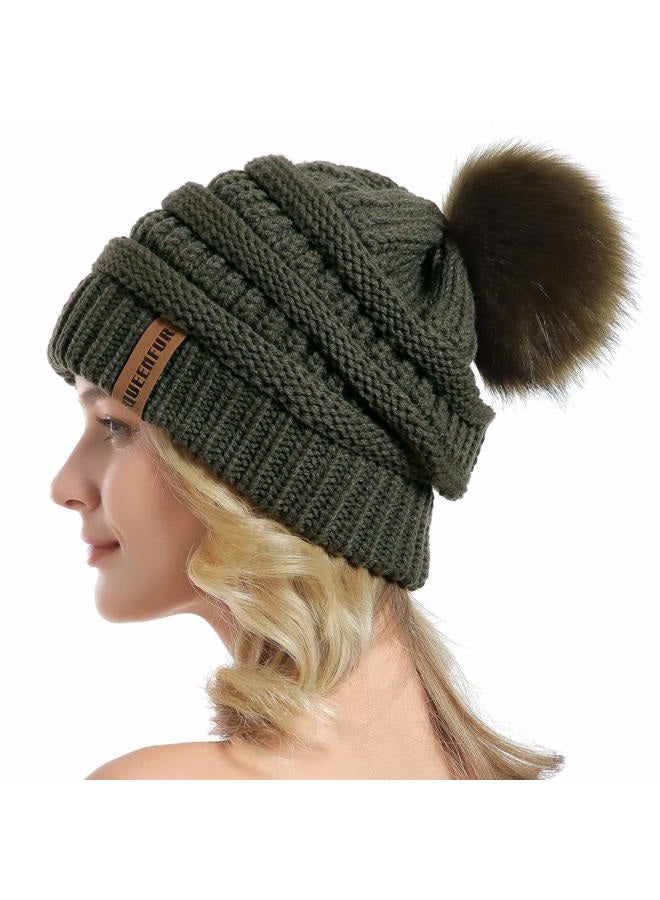 QUEENFUR Women Knit Slouchy Beanie Chunky Baggy Hat with Faux Fur Pompom Winter Soft Warm Ski Cap, B5-dark Olive, L - Image 1