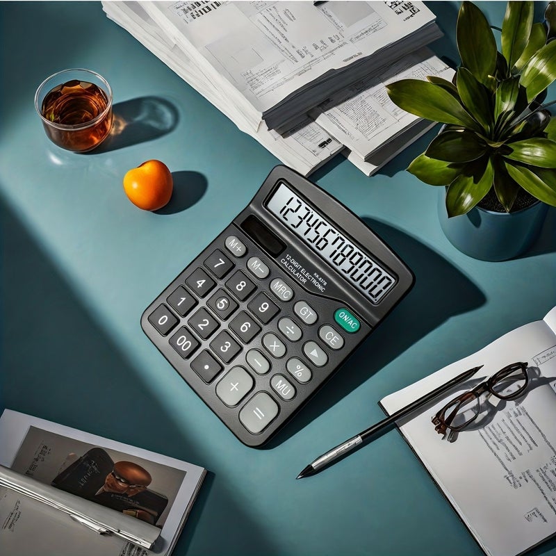 Black Large Desktop Calculator 12 Digit Display Dual Power Touch Keypad - Image 5