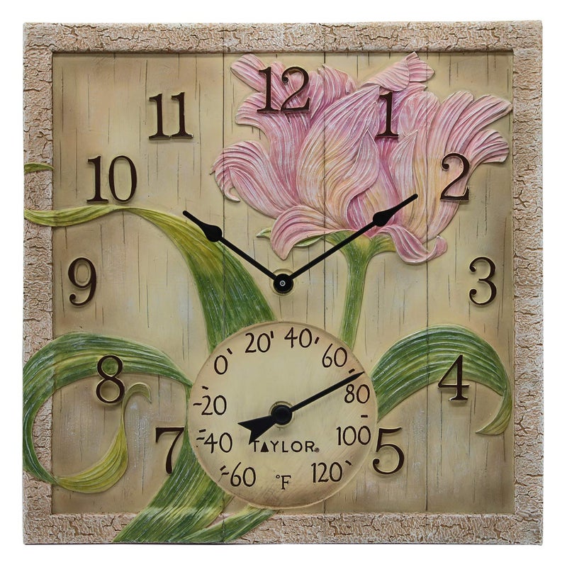 Taylor Taylor Beachwood Poly Resin Indoor and Outdoor Clock and Thermometer Home Decor for Garden Patio Pool and Indoor Areas 14x14inch Pink 