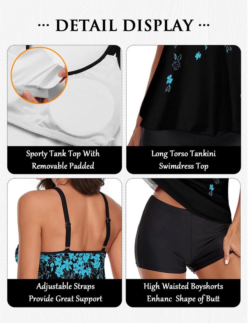 Urchics Stylish Swim Suits for Women Slimming Tankini Set Adjustable Straps 2 Piece Swimwear Tropical Hawaii Beach Pool Party Photoshoot Flattering Hides Belly Perfect for Vacation Blue Floral L - Image 4