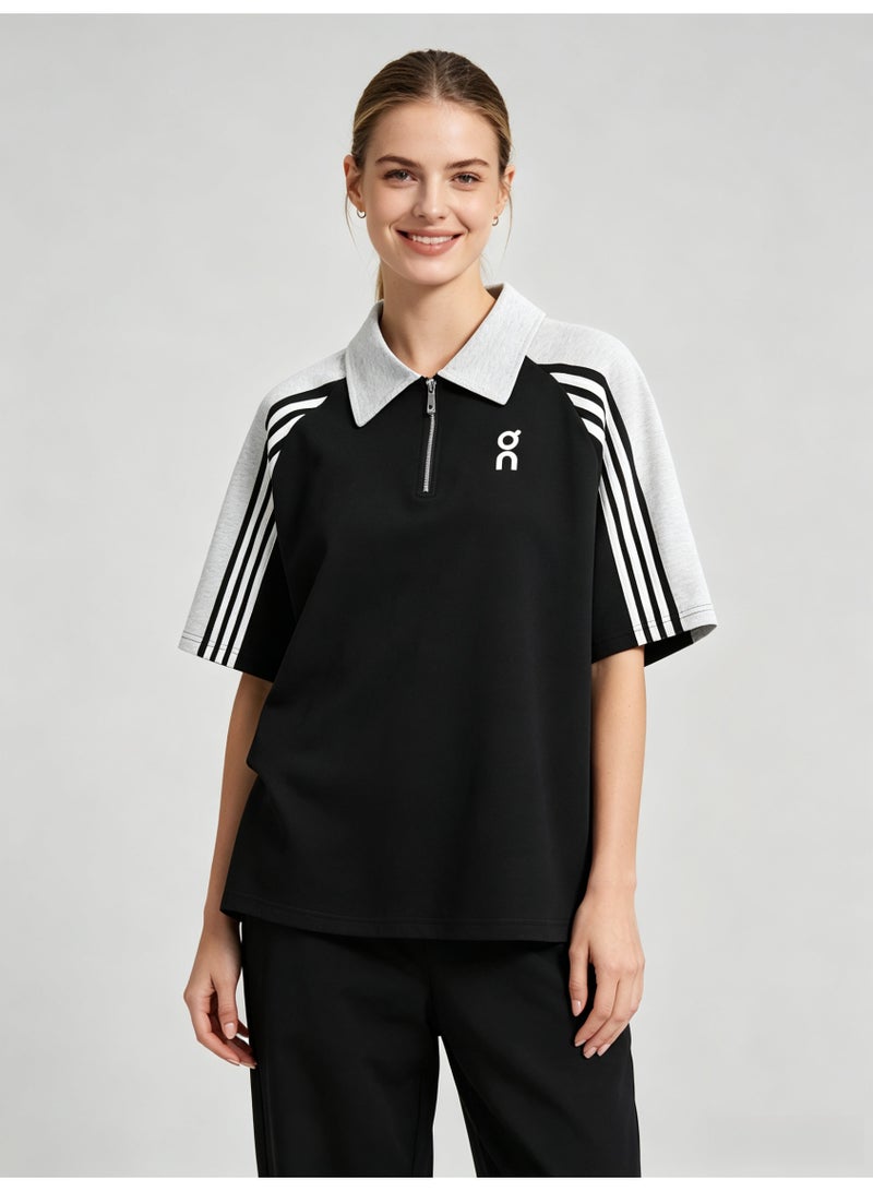 On Running Men's Quarter Zip Short Sleeve Polo Shirt, Color‑Block Raglan Top with 3‑Stripe Sleeve Detail, Printed Logo Retro Sport Casual Street Tee - Image 5