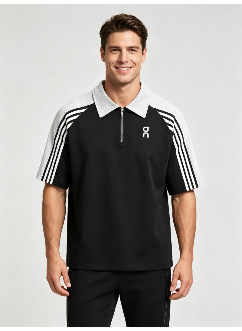 On Running Men's Quarter Zip Short Sleeve Polo Shirt, Color‑Block Raglan Top with 3‑Stripe Sleeve Detail, Printed Logo Retro Sport Casual Street Tee - Image 1