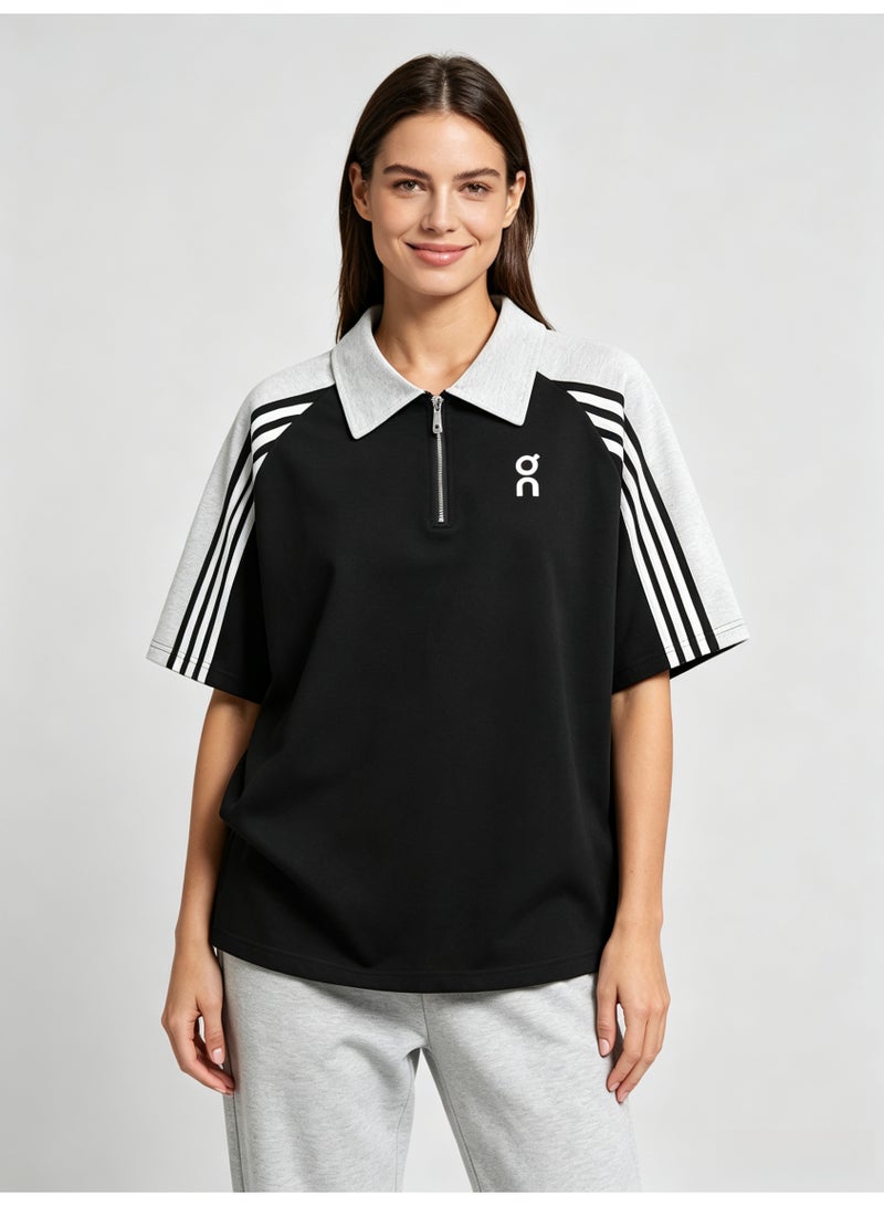 On Running Men's Quarter Zip Short Sleeve Polo Shirt, Color‑Block Raglan Top with 3‑Stripe Sleeve Detail, Printed Logo Retro Sport Casual Street Tee - Image 4