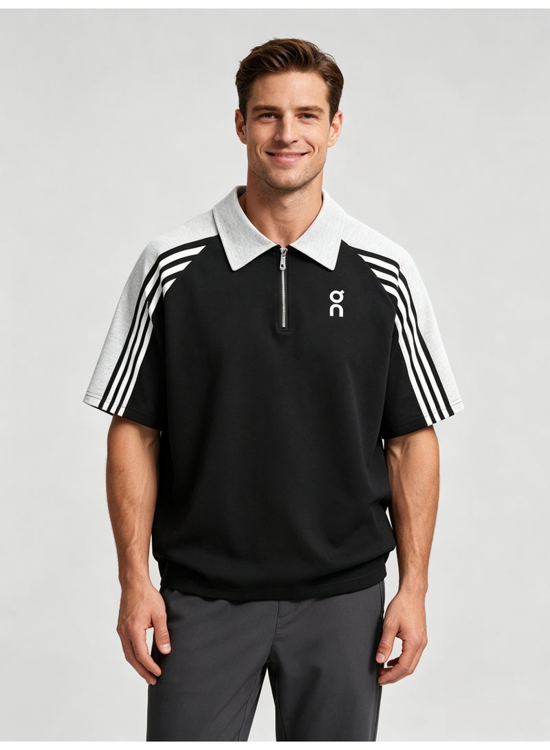 On Running Men's Quarter Zip Short Sleeve Polo Shirt, Color‑Block Raglan Top with 3‑Stripe Sleeve Detail, Printed Logo Retro Sport Casual Street Tee - Image 2