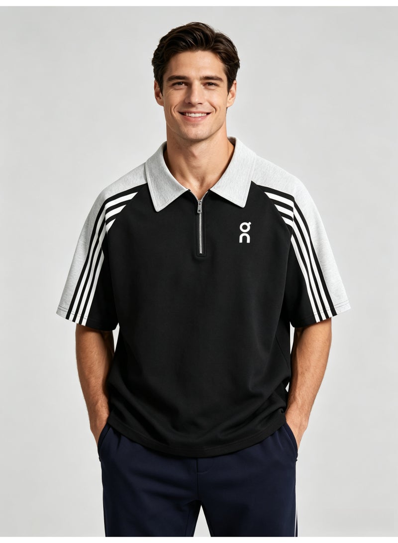On Running Men's Quarter Zip Short Sleeve Polo Shirt, Color‑Block Raglan Top with 3‑Stripe Sleeve Detail, Printed Logo Retro Sport Casual Street Tee - Image 3