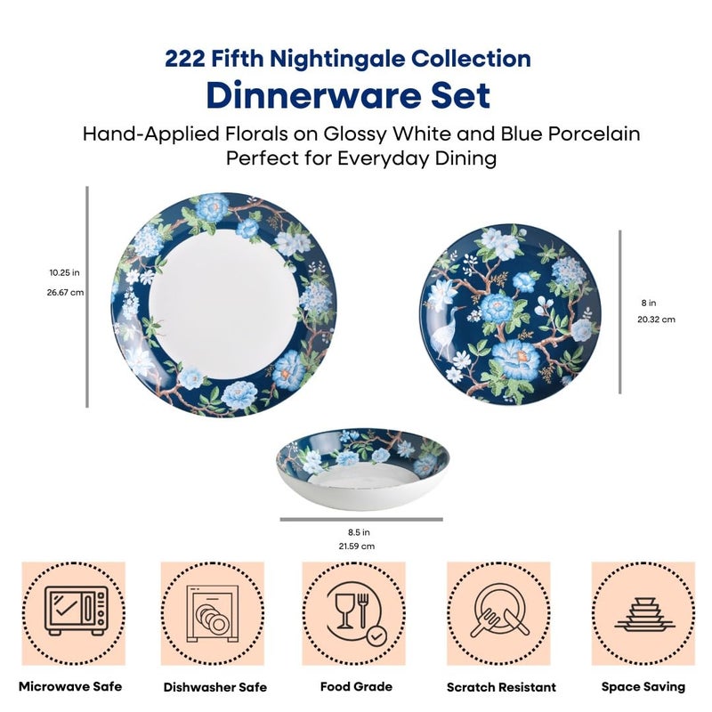 222 Fifth 12-Piece Porcelain Dinnerware Set for 4, Luxury White & Bohemian Blue Plates and Bowls Set, Glossy Ceramic Dish Set with Detailed Floral, Microwave & Dishwasher Safe Dishes, Nightingale - Image 2