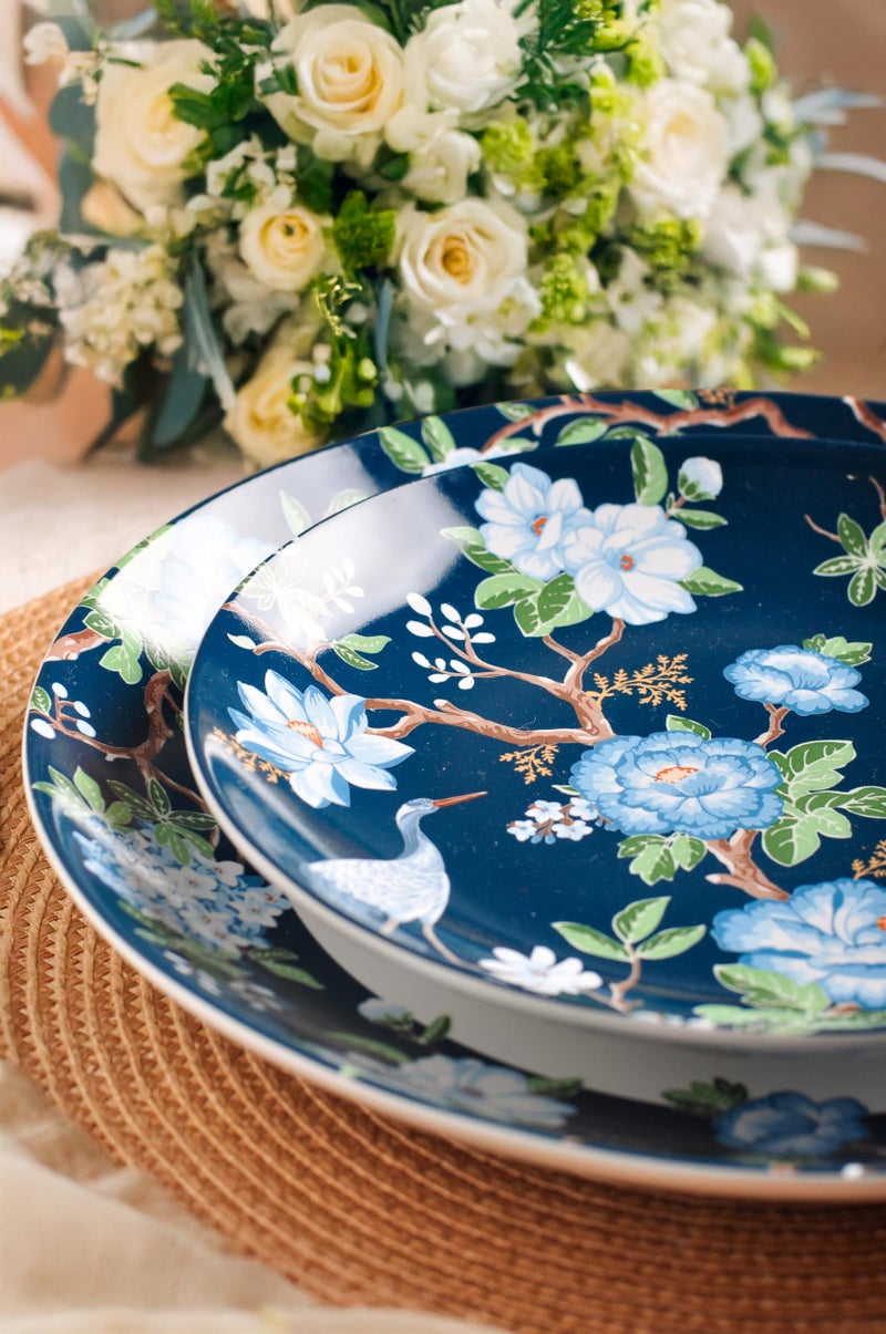222 Fifth 12-Piece Porcelain Dinnerware Set for 4, Luxury White & Bohemian Blue Plates and Bowls Set, Glossy Ceramic Dish Set with Detailed Floral, Microwave & Dishwasher Safe Dishes, Nightingale - Image 5