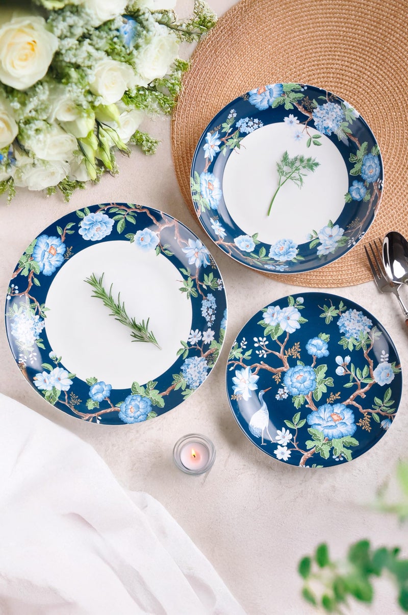 222 Fifth 12-Piece Porcelain Dinnerware Set for 4, Luxury White & Bohemian Blue Plates and Bowls Set, Glossy Ceramic Dish Set with Detailed Floral, Microwave & Dishwasher Safe Dishes, Nightingale - Image 3