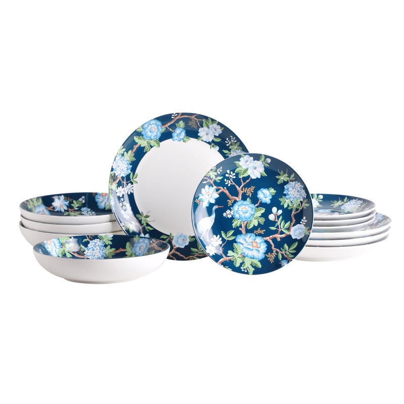 222 Fifth 12-Piece Porcelain Dinnerware Set for 4, Luxury White & Bohemian Blue Plates and Bowls Set, Glossy Ceramic Dish Set with Detailed Floral, Microwave & Dishwasher Safe Dishes, Nightingale - Image 1