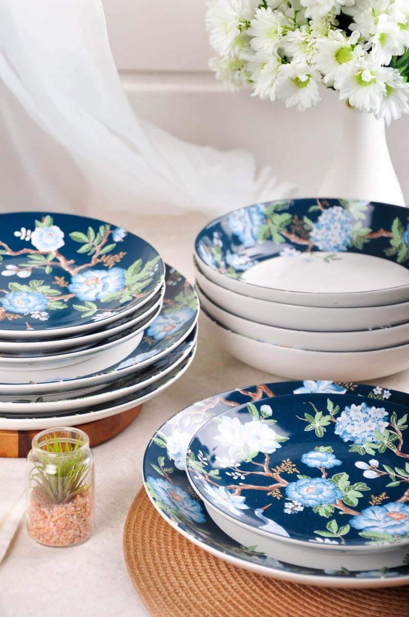 222 Fifth 12-Piece Porcelain Dinnerware Set for 4, Luxury White & Bohemian Blue Plates and Bowls Set, Glossy Ceramic Dish Set with Detailed Floral, Microwave & Dishwasher Safe Dishes, Nightingale - Image 4