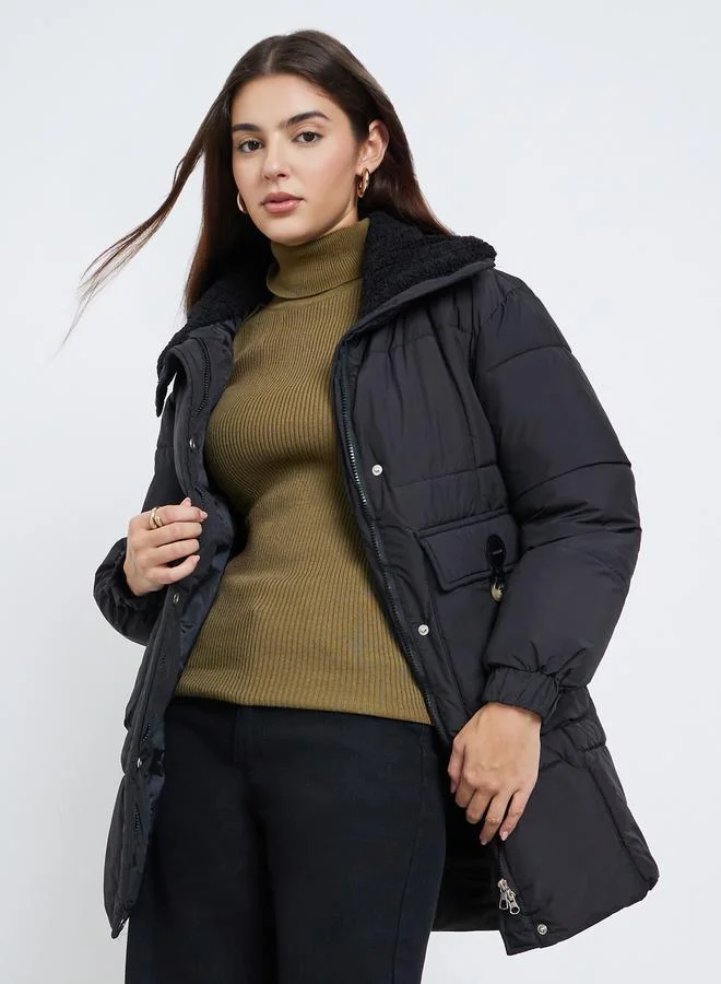 Styli Black Longline Padded Coat with Faux Fur Lining