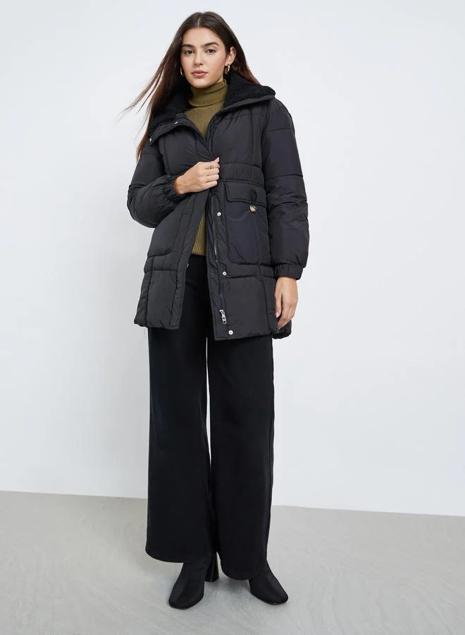 Styli Black Longline Padded Coat with Faux Fur Lining