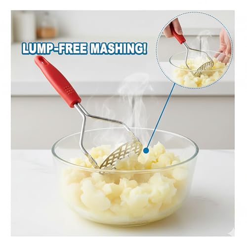 DORMICO® Potato Masher-Food-Grade Stainless Steel Vegetable Masher with Non-Slip Heat Resistant Handle-Large Round Press Plate Kitchen Gadget for Mashed Potatoes, Pav Bhaji, Fruits & Baby Food, Red - Image 5