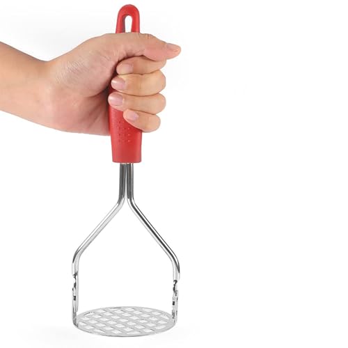 DORMICO® Potato Masher-Food-Grade Stainless Steel Vegetable Masher with Non-Slip Heat Resistant Handle-Large Round Press Plate Kitchen Gadget for Mashed Potatoes, Pav Bhaji, Fruits & Baby Food, Red - Image 1