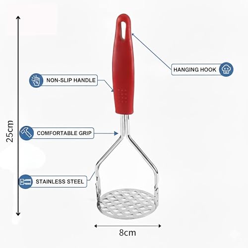 DORMICO® Potato Masher-Food-Grade Stainless Steel Vegetable Masher with Non-Slip Heat Resistant Handle-Large Round Press Plate Kitchen Gadget for Mashed Potatoes, Pav Bhaji, Fruits & Baby Food, Red - Image 2